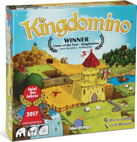 The Kingdomino game box by Blue Orange U.S.A. showcases vibrant artwork featuring a playful landscape filled with castles, rivers, and farmland. It highlights its accolades, including 'Game of the Year' and 'Spiel des Jahres 2017'. Suitable for 2-4 players ages 8 and up, the game promises quick play sessions of about 15 minutes.