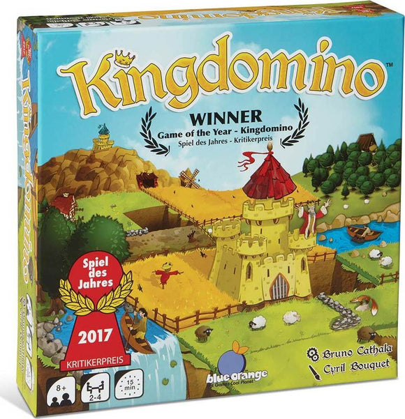 The Kingdomino game box by Blue Orange U.S.A. showcases vibrant artwork featuring a playful landscape filled with castles, rivers, and farmland. It highlights its accolades, including 'Game of the Year' and 'Spiel des Jahres 2017'. Suitable for 2-4 players ages 8 and up, the game promises quick play sessions of about 15 minutes.