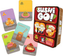A colorful display of the card game Sushi Go! by Gamewright. The image features the game box alongside several vibrant cards depicting cute sushi items like tempura, wasabi, sashimi, and pudding, with playful illustrations and scoring details visible. The box highlights that it's suitable for 2-5 players aged 8 and up.