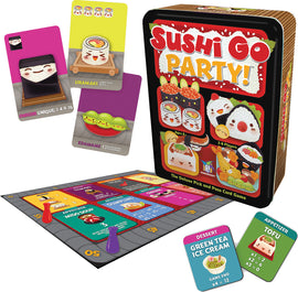 Sushi Go Party! game by Gamewright, featuring a colorful tin box with vibrant sushi art, a game board with scoring spaces, player pieces, and various sushi-themed cards including Onigiri, Edamame, and desserts like Green Tea Ice Cream. Designed for 2-8 players aged 8 and up, it offers fun card-drafting gameplay.