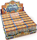 A colorful display of the 'Little Box of Marbles' by House of Marbles. The box features vibrant graphics and the words 'Little Box of Marbles' prominently displayed. Each box contains an assortment of classic marbles, perfect for games and nostalgic fun. The display is neatly arranged, showcasing multiple boxes, enhancing its appeal.