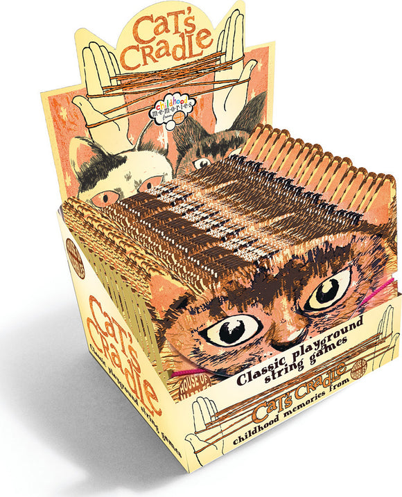 Cat's Cradle by House of Marbles, a colorful display box featuring a classic string game. The box is decorated with illustrations of cat faces and hands demonstrating the play style. Ideal for fostering creativity and nostalgic play for all ages.