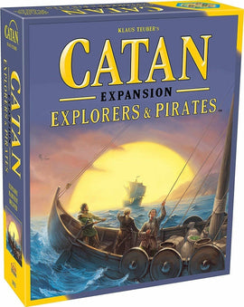 Catan: Explorers & Pirates board game box featuring an adventurous scene with explorers on a boat navigating through a vibrant ocean at sunset. The game's title prominently displayed along with 'expansion' wording.