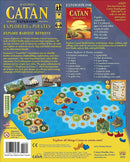 Catan: Explorers & Pirates board game expansion featuring various game components including hex tiles, settlements, ships, and a map of mysterious islands. The box features colorful artwork and includes details about game scenarios and components. Designed for 3-4 players aged 12 and up, this expansion offers a unique blend of exploration and strategy.
