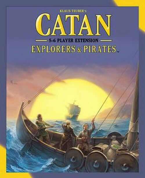 Catan: Explorers & Pirates – 5-6 Player Extension game box featuring a vibrant illustration of pirates on a boat under a golden sunset with a ship in the background.