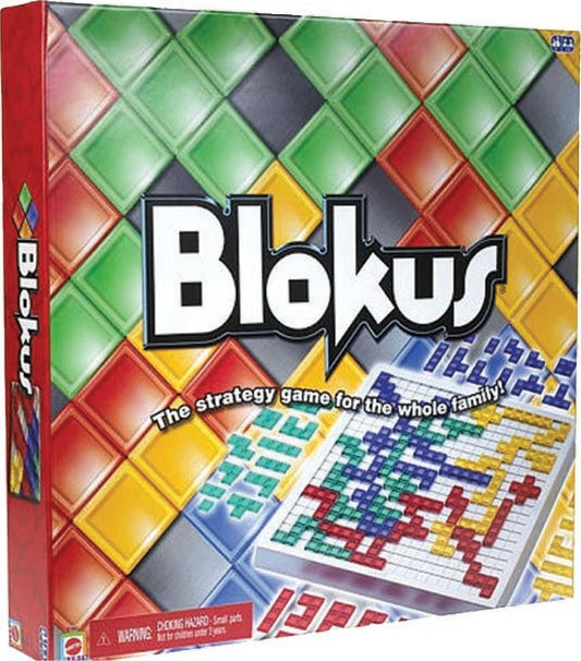 Blokus board game box featuring colorful geometric playing pieces and the game title prominently displayed. The background shows a variety of colored tiles in a grid pattern. The tagline reads, 'The strategy game for the whole family!' indicating a family-friendly gameplay experience.