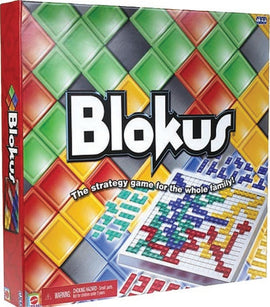 Blokus board game box featuring colorful geometric playing pieces and the game title prominently displayed. The background shows a variety of colored tiles in a grid pattern. The tagline reads, 'The strategy game for the whole family!' indicating a family-friendly gameplay experience.