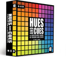 The Hues and Cues game box features a vibrant grid of colors transitioning from yellow, orange, pink, to blue. The title reads 'Hues and Cues' prominently, indicating it's a guessing game focused on colors and clues. There's also text noting the game's designer, Scott Brady, and a recommendation for 3-10 players, ages 8 and up.