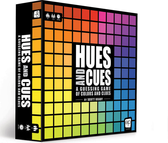 The Hues and Cues game box features a vibrant grid of colors transitioning from yellow, orange, pink, to blue. The title reads 'Hues and Cues' prominently, indicating it's a guessing game focused on colors and clues. There's also text noting the game's designer, Scott Brady, and a recommendation for 3-10 players, ages 8 and up.