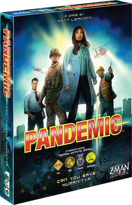 The game box for Pandemic by Z-Man Games features a dramatic illustration of four characters including a scientist, a soldier, and emergency responders. The title 'Pandemic' is prominently displayed at the top, with a tagline asking 'Can you save humanity?' Various achievement medals are shown in the bottom corner, indicating its award-winning status.