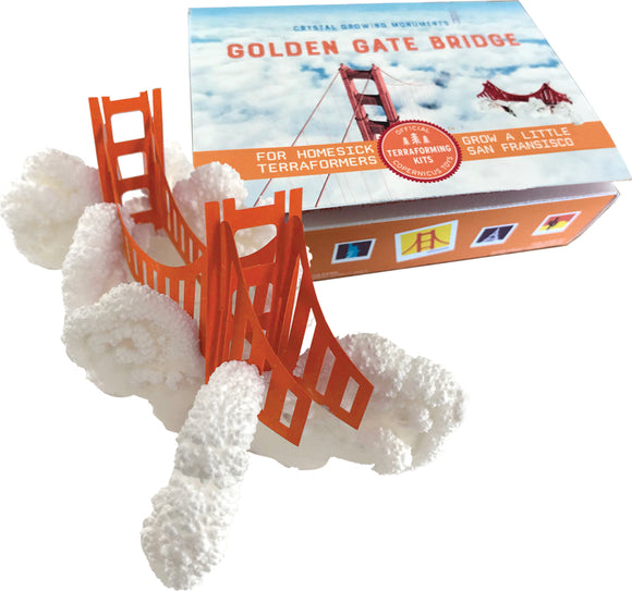 A colorful DIY crystal growing kit featuring a model of the Golden Gate Bridge, surrounded by white crystalline structures representing water and clouds. The box prominently displays the product name and is designed for creative enthusiasts and aspiring terraformers.