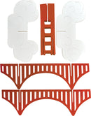 Components of the Crystal Growing Golden Gate Bridge kit by Copernicus. The image shows various parts including white cloud pieces and reddish-orange bridge segments, designed for a DIY crystal-growing project.