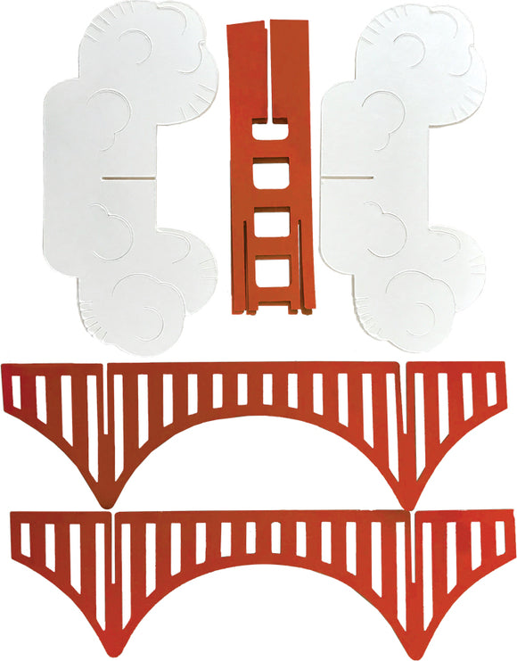 Components of the Crystal Growing Golden Gate Bridge kit by Copernicus. The image shows various parts including white cloud pieces and reddish-orange bridge segments, designed for a DIY crystal-growing project.