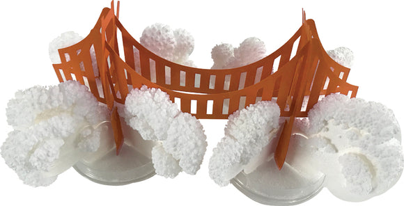 A colorful DIY crystal growing kit featuring a replica of the Golden Gate Bridge, surrounded by white fluffy crystal formations. The bridge is displayed with an orange structure, contrasting against the white backdrop of crystalline growth. The entire assembly presents an educational activity for kids and adults alike, perfect for hands-on learning and fun.