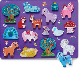 A vibrant wooden jigsaw puzzle featuring various charming animals and trees in a whimsical garden setting. Pieces include unicorns, a peacock, a fox, and more, all beautifully illustrated with bright colors and floral designs on a purple background. Ideal for children to develop cognitive skills and creativity while enjoying a fantastical theme.