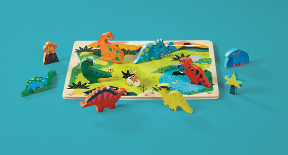 Colorful wooden jigsaw puzzle featuring various dinosaurs set on a vibrant scene with a volcano, plants, and water. Includes seven dinosaur figures and additional themed pieces, ideal for imaginative play.