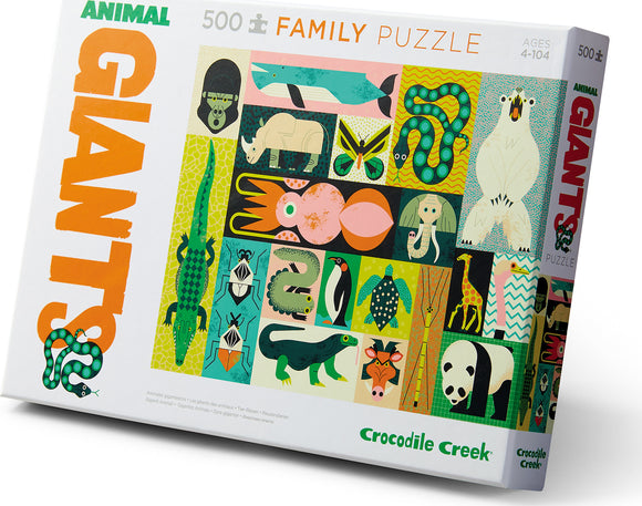 Animal Giants is a colorful 500-piece family jigsaw puzzle from Crocodile Creek, featuring vibrant illustrations of various animals including a panda, elephant, and crocodile. It is suitable for ages 4 to 104, making it a perfect family activity for all ages.