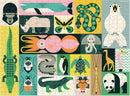 A colorful jigsaw puzzle titled 'Animal Giants' by Crocodile Creek. The puzzle features various animals in a vibrant, whimsical style, including a gorilla, rhinoceros, squid, elephant, giraffe, and more, arranged in a captivating design with playful patterns.