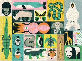 A colorful jigsaw puzzle titled 'Animal Giants' by Crocodile Creek. The puzzle features various animals in a vibrant, whimsical style, including a gorilla, rhinoceros, squid, elephant, giraffe, and more, arranged in a captivating design with playful patterns.