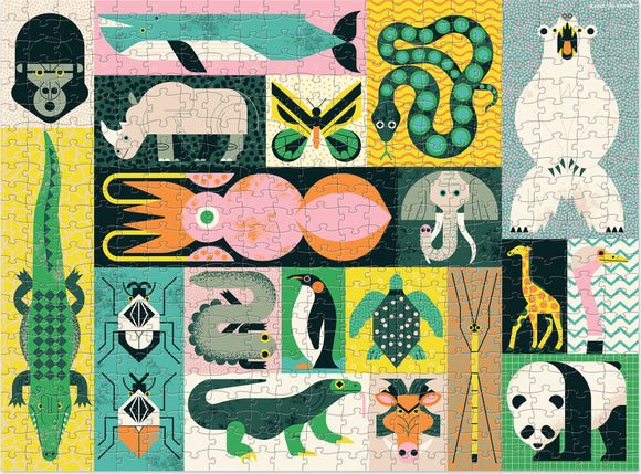 A colorful jigsaw puzzle titled 'Animal Giants' by Crocodile Creek. The puzzle features various animals in a vibrant, whimsical style, including a gorilla, rhinoceros, squid, elephant, giraffe, and more, arranged in a captivating design with playful patterns.