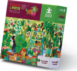 The Plants & Pets 500-piece jigsaw puzzle by Crocodile Creek features a vibrant illustration of various plants and playful pets in a lush garden setting. The puzzle box showcases colorful artwork with animals like dogs and adorable cats among a variety of greenery, appealing for both nature and animal lovers.