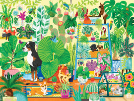 A vibrant and detailed illustration featuring a variety of plants and pets, including a dog, a cat, and colorful plants in pots. The scene captures a lively indoor garden, showcasing animals among lush greens and decorative pots, creating a playful atmosphere that celebrates nature and companionship. Perfect for nature lovers and puzzle enthusiasts alike.