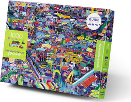 Crocodile Creek's 1000-piece jigsaw puzzle titled 'Transportation of the World'. The vividly illustrated box features various modes of transport including cars, buses, trains, and planes, arranged in a colorful, busy cityscape. An identification guide is included inside the puzzle box.