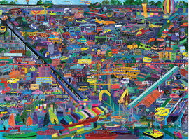 A colorful 1000-piece jigsaw puzzle titled 'Transportation of the World' by Crocodile Creek. The illustration features a vibrant collage depicting various modes of transportation, including cars, buses, boats, trains, and planes. The scene is filled with lively characters and bustling activity, showcasing a richly detailed urban environment.
