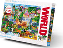 Colorful jigsaw puzzle box featuring an intricate world collage design filled with landmarks, animals, and natural scenery. The title 'World Family Puzzle' is boldly displayed, indicating a 1000-piece puzzle made by Crocodile Creek. A guide for identification is included.