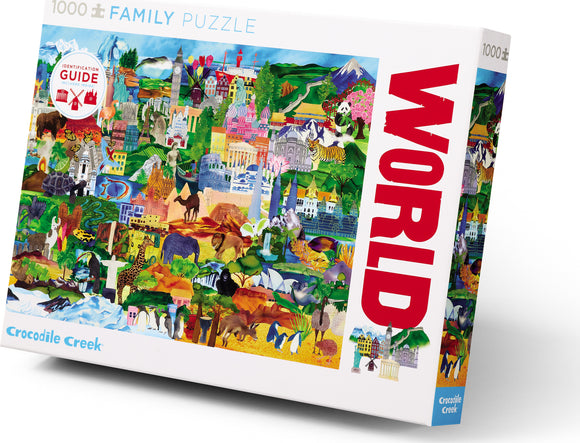 Colorful jigsaw puzzle box featuring an intricate world collage design filled with landmarks, animals, and natural scenery. The title 'World Family Puzzle' is boldly displayed, indicating a 1000-piece puzzle made by Crocodile Creek. A guide for identification is included.