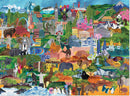 The World Collage Family Puzzle features a vibrant and colorful 1000-piece jigsaw puzzle showcasing iconic landmarks, diverse animals, and rich landscapes from all over the globe. The collage includes famous sites like the Statue of Liberty, Eiffel Tower, and Big Ben, alongside various wildlife such as elephants, tigers, and flamingos, arranged in a playful and engaging design that's perfect for family fun and bonding.