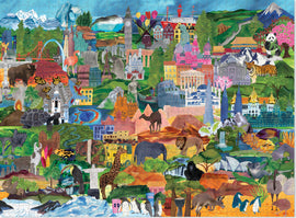 The World Collage Family Puzzle features a vibrant and colorful 1000-piece jigsaw puzzle showcasing iconic landmarks, diverse animals, and rich landscapes from all over the globe. The collage includes famous sites like the Statue of Liberty, Eiffel Tower, and Big Ben, alongside various wildlife such as elephants, tigers, and flamingos, arranged in a playful and engaging design that's perfect for family fun and bonding.