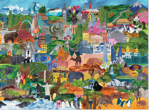 The World Collage Family Puzzle features a vibrant and colorful 1000-piece jigsaw puzzle showcasing iconic landmarks, diverse animals, and rich landscapes from all over the globe. The collage includes famous sites like the Statue of Liberty, Eiffel Tower, and Big Ben, alongside various wildlife such as elephants, tigers, and flamingos, arranged in a playful and engaging design that's perfect for family fun and bonding.
