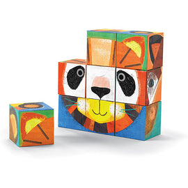Colorful Make-A-Face blocks by Crocodile Creek arranged to create a playful panda face. The set features various vibrant designs and shapes, ideal for imaginative play.