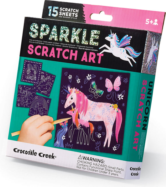 Sparkle Scratch Art: Unicorn DIY kit by Crocodile Creek featuring 15 scratch sheets and a wooden stylus. The colorful packaging showcases unicorns and butterflies, ideal for creative expression in children aged 5 and up.