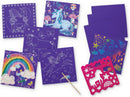 Sparkle Scratch Art: Unicorn DIY kit by Crocodile Creek featuring a collection of colorful scratch art sheets with unicorn and fantasy-themed designs. Each sheet is vibrant, showcasing various rainbows, stars, clouds, and unicorn figures, along with a scratching tool and stencils for creative fun. Ideal for sparking creativity in kids and engaging in arts and crafts.