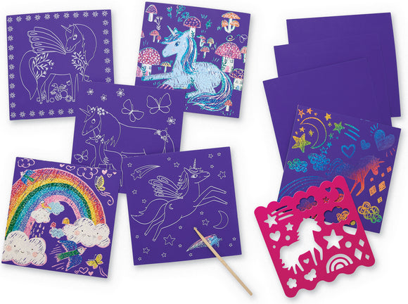 Sparkle Scratch Art: Unicorn DIY kit by Crocodile Creek featuring a collection of colorful scratch art sheets with unicorn and fantasy-themed designs. Each sheet is vibrant, showcasing various rainbows, stars, clouds, and unicorn figures, along with a scratching tool and stencils for creative fun. Ideal for sparking creativity in kids and engaging in arts and crafts.