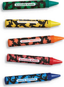 Five dinosaur-themed coloring stickers in various colors, including green, yellow, orange, red, and blue. Each sticker has a black background with dinosaur silhouettes and features the Crocodile Creek logo.