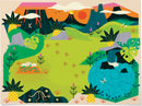 Coloring Stickers featuring vibrant dinosaur designs by Crocodile Creek. The image showcases a colorful landscape with a volcano, lush greenery, and playful dinosaur motifs, perfect for kids to unleash their creativity.