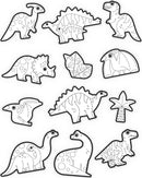 A collection of dinosaur-shaped coloring stickers from Crocodile Creek. The stickers feature various dinosaurs such as a T-Rex, Triceratops, and a stegosaurus, all outlined in black and ready to be colored. The design includes playful elements like palm trees and leaves, promoting creativity and imagination for kids.