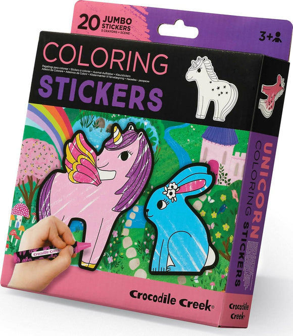 Pack of Coloring Stickers featuring unicorns and a blue rabbit, designed for kids aged 3 and up. Includes 20 jumbo stickers and an artist's hand coloring with a marker. The bright, colorful background showcases a whimsical scene with a castle and flowers.