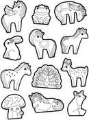 A collection of coloring stickers featuring various whimsical designs, including unicorns, a frog, a rabbit, a peacock, and more. Each sticker is outlined and designed for coloring, showcasing adorable characters and vibrant themes that spark creativity.
