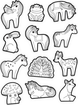 A collection of coloring stickers featuring various whimsical designs, including unicorns, a frog, a rabbit, a peacock, and more. Each sticker is outlined and designed for coloring, showcasing adorable characters and vibrant themes that spark creativity.