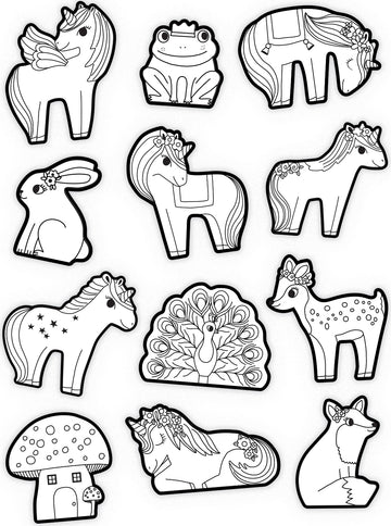 A collection of coloring stickers featuring various whimsical designs, including unicorns, a frog, a rabbit, a peacock, and more. Each sticker is outlined and designed for coloring, showcasing adorable characters and vibrant themes that spark creativity.