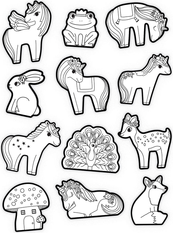 A collection of coloring stickers featuring various whimsical designs, including unicorns, a frog, a rabbit, a peacock, and more. Each sticker is outlined and designed for coloring, showcasing adorable characters and vibrant themes that spark creativity.