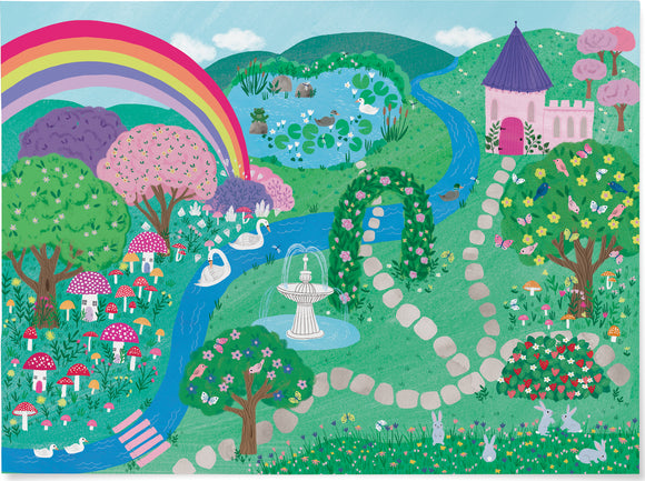 A vibrant and whimsical illustration featuring a fairy-tale landscape with a rainbow, colorful trees, a sparkling fountain, swans swimming in a stream, and blooming flowers. The scene is filled with cartoon-like mushrooms, a small castle, and playful animals, creating a magical atmosphere perfect for coloring.