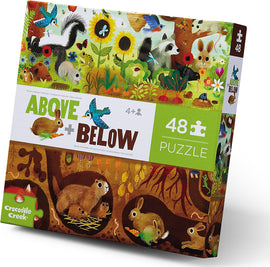 Above & Below jigsaw puzzle by Crocodile Creek featuring vibrant illustrations of various woodland animals, plants, and flowers. The puzzle includes 48 pieces and is suitable for ages 4 and up, encouraging imaginative play and cognitive development in young children.