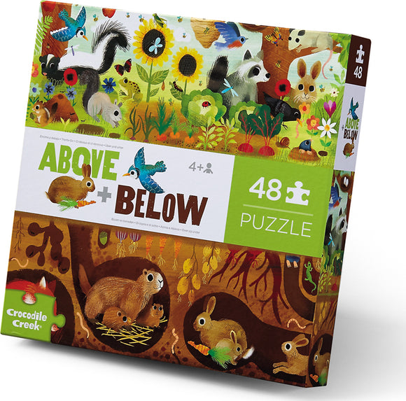 Above & Below jigsaw puzzle by Crocodile Creek featuring vibrant illustrations of various woodland animals, plants, and flowers. The puzzle includes 48 pieces and is suitable for ages 4 and up, encouraging imaginative play and cognitive development in young children.