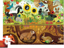 A colorful jigsaw puzzle featuring an illustrated scene of a backyard. The puzzle displays various animals such as a skunk, raccoon, rabbits, and a variety of plants and flowers, showcasing wildlife both above and below ground in a vibrant, cartoonish style.