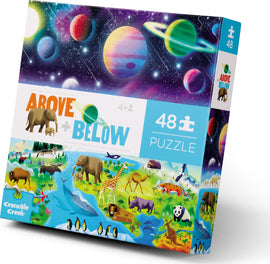Crocodile Creek's Above & Below - Earth & Space jigsaw puzzle featuring vibrant illustrations of animals on Earth and celestial bodies in space. The 48-piece puzzle is designed for children aged 4 and up, encouraging exploration and learning about the Earth and space in a fun and interactive way.